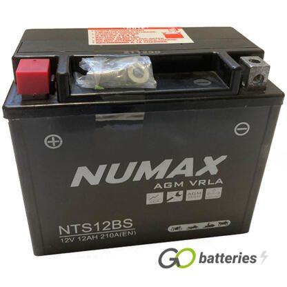 Numax NTS12BS Factory Sealed AGM Motorcycle Battery, 12 volt 12 amps, 210 cold cranking amps. Black case with the positive terminal on the left hand side with the terminals closest to you. Also known as YTX12-BS.