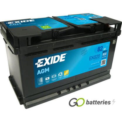 EXIDE EK820 AGM Start-Stop battery. 12 volt 82 amp 800 cold cranking amps. Black case with carrying handle. Also known as a 115AGM.
