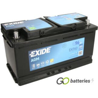 EXIDE EK960 AGM Start-Stop battery. 12 volt 96 amp 850 cold cranking amps. Black case with carrying handle. Also known as a 017AGM or 019AGM.