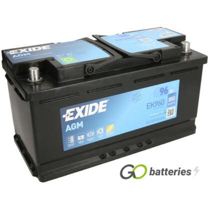EXIDE EK960 AGM Start-Stop battery. 12 volt 96 amp 850 cold cranking amps. Black case with carrying handle. Also known as a 017AGM or 019AGM.