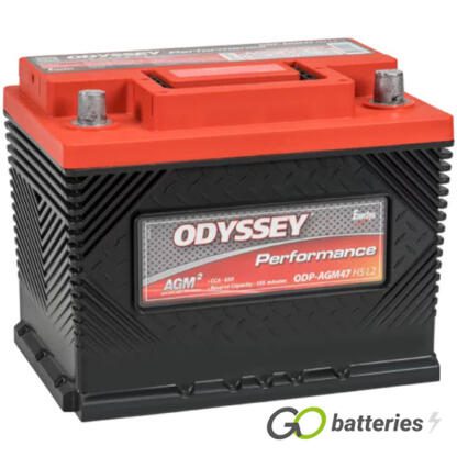 Odyssey ODP-AGM47 H5 L2 Performance AGM Battery. 12 volt 64 amps 650 cold cranking amps and 1150 pulse cranking amps. Black case with a red top and carrying handle. Positive terminal on the right hand side with the terminals closest to you. Also know as part number 027.