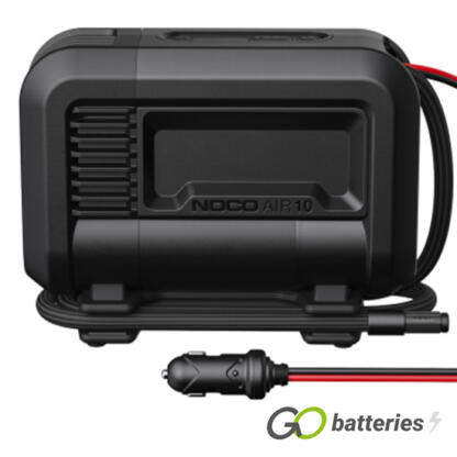 Noco AIR10 Portable Air Inflator (Tyre Inflator) 12 volt 10 amps. All black case with a 200 Watt motor with a maximum pressure of 80 PSI. Comes with needle adaptor, Presta Valve adaptor and Toy adaptor and has an ultra bright LED light.
