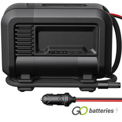 Noco AIR15 Portable Air Inflator (Tyre Inflator) 12 volt 15 amps. All black case with a 200 Watt motor with a maximum pressure of 80 PSI. Comes with needle adaptor, Presta Valve adaptor and Toy adaptor and has an ultra bright LED light.