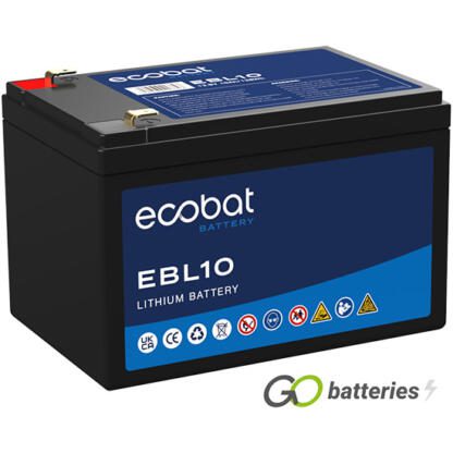 Ecobat EBL10 Lithium battery. 12 volt 10 amp, black case with spade connector terminals on the battery.