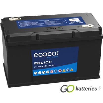 Ecobat EBL100 lithium battery. 12 volt 100 amp, black case with threaded terminals into the battery.