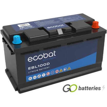 Ecobat EBL100D lithium battery. 12 volt 100 amp, black case with automotive terminals on the battery.