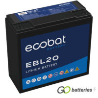 Ecobat EBL20 Lithium battery. 12 volt 20 amp, black case with threaded terminals into the battery.