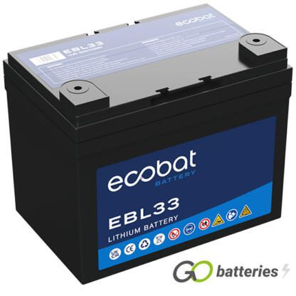 Ecobat EBL33 lithium battery. 12 volt 33 amp, black case with threaded terminals into the battery.