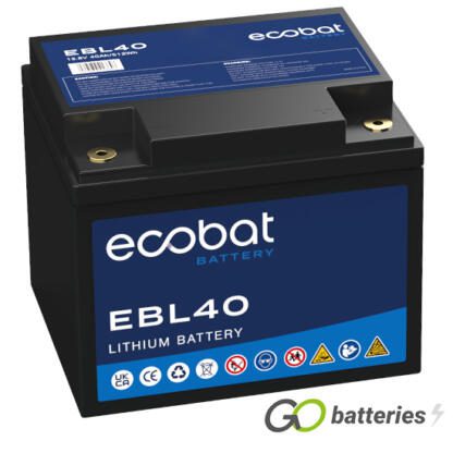 Ecobat EBL Lithium battery. 12 volt 40 amp, black case with threaded terminals into the battery.