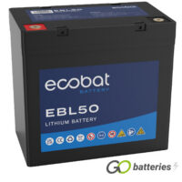 Ecobat EBL50 lithium battery. 12 volt 50 amp, black case with threaded terminals into the battery.