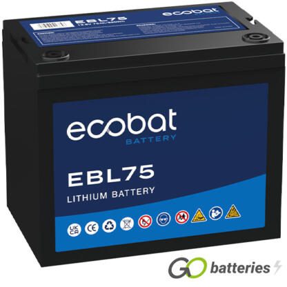 Ecobat EBL75 lithium battery. 12 volt 75 amp, black case with threaded terminals into the battery.