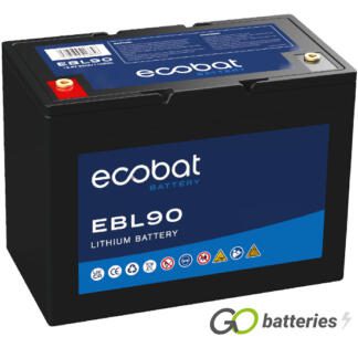 Ecobat EBL90 lithium battery. 12 volt 90 amp, black case with threaded terminals into the battery.