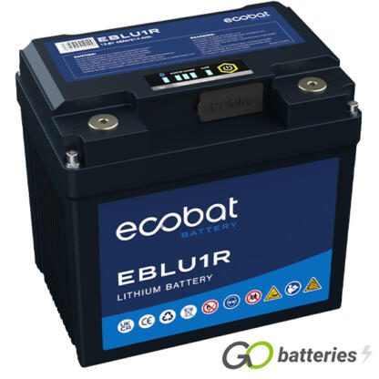Ecobat EBLU1R lithium battery. 12 volt 48 amp, black case with threaded terminals into the battery.