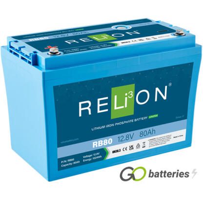 Relion RB80 lithium battery. 12 volt 80 amp, blue case with threaded terminals into the battery.