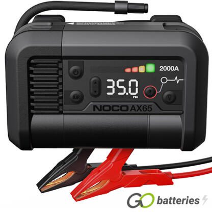 Noco AX65 Lithium Jump Starter + Portable Air Inflator (Tyre Inflator). 12 volt 2000 amp Boost battery jump starter + 12 volt 22 amp air inflator. 280 watt motor and maximum pressure of 100 PSI. All black case with LED boost indicator lights. Comes with needle adaptor, Presta Valve adaptor and Toy adaptor and has an ultra bright LED light.