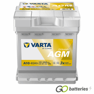 Varta A10 Dynamic AGM Start-Stop Battery 540 901 042 12V 40Ah 420 cold cranking amps and has a silver case. 002LAGM