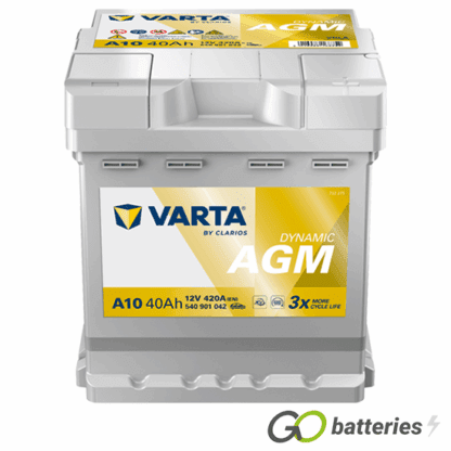 Varta A10 Dynamic AGM Start-Stop Battery 540 901 042 12V 40Ah 420 cold cranking amps and has a silver case. 002LAGM