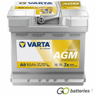 Varta A9 Dynamic AGM Start-Stop Battery 550 901 054 12V 50Ah 540 cold cranking amps silver case with central carrying handle. 012AGM