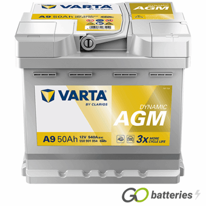 Varta A9 Dynamic AGM Start-Stop Battery 550 901 054 12V 50Ah 540 cold cranking amps silver case with central carrying handle. 012AGM