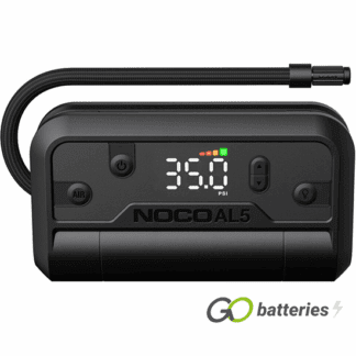 Noco AL5 Portable Air Inflator (Tyre Inflator). Battery Powered air inflator. 138 watt motor and maximum pressure of 130 PSI. All black case with 3 adaptors, needle adaptor, Presta Valve adaptor and Toy adaptor and has an ultra bright LED light.