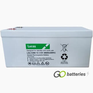 LUCAS LSLC260-12 AGM battery. 12 volt 260 amp, grey case with threaded terminals into the battery and carrying handles on either end of battery.