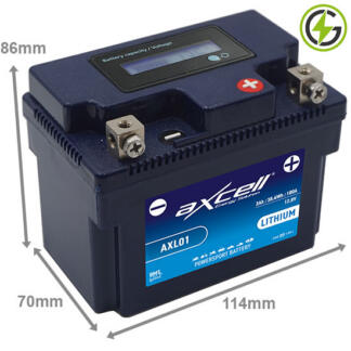 Axcell AXL01 Lithium Powersport Battery, 12 volt 3 amp, 180 cold cranking amps. Fits YTZ7S, YTZ8V, YTX4L-BS, YTX5L-BS, YTX7L-BS, YTZ6S, YTZ5S and YB4L-B. Dark Blue case with the positive terminal on the right hand side with the terminals closest to you. It also comes with a digital LCD voltage display.