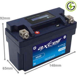 Axcell AXL02 Lithium Powersport Battery, 12 volt 4 amp, 240 cold cranking amps. Fits YT7B-4, YT7B-BS, YT9B-4, YT9B-BS. Dark Blue case with the positive terminal on the left hand side with the terminals closest to you. It also comes with a digital LCD voltage display.