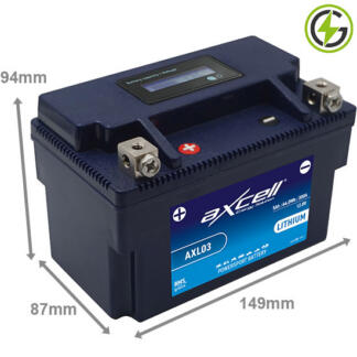 Axcell AXL03 Lithium Powersport Battery, 12 volt 5 amp, 300 cold cranking amps. Fits YTX7A-BS, YTX9-BS, YTX12-BS, YTX14-BS, YTZ10S, YTZ12S, YTZ14S. Dark Blue case with the positive terminal on the left hand side with the terminals closest to you. It also comes with a digital LCD voltage display.