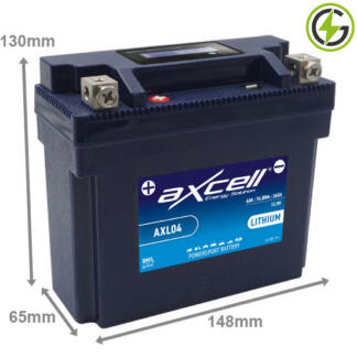 Axcell AXL04 Lithium Powersport Battery, 12 volt 6 amp, 360 cold cranking amps. Fits YT12B-4, YT12B-BS, YT14B-4, YT14B-BS. Dark Blue case with the positive terminal on the left hand side with the terminals closest to you. It also comes with a digital LCD voltage display.
