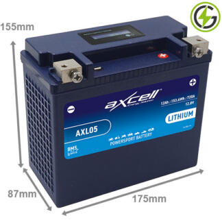 Axcell AXL05 Lithium Powersport Battery, 12 volt 12 amp, 720 cold cranking amps. Fits YB16CL-B, YTX20L-BS, YTX20HL-BS, YGZ20HL-BS. Dark Blue case with the positive terminal on the right hand side with the terminals closest to you. It also comes with a digital LCD voltage display.