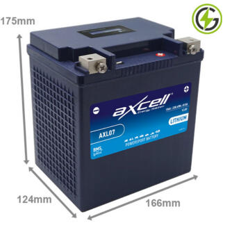 Axcell AXL07 Lithium Powersport Battery, 12 volt 18 amp, 810 cold cranking amps. Fits 53030, YB30L-B, YIX30L-BS, AIX30HL-BS. Dark Blue case with the positive terminal on the right hand side with the terminals closest to you. It also comes with a digital LCD voltage display.