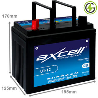 Axcell U1-12 GEL Lawnmower Battery 12V 32Ah 400 cold cranking amps, Black case with bolt through terminals and the positive terminal on the left hand side with the terminals closest to you. Also has carrying handle.