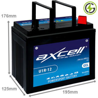 Axcell U1R-12 GEL Lawnmower Battery 12V 32Ah 400 cold cranking amps, Black case with bolt through terminals and the positive terminal on the right hand side with the terminals closest to you. Also has carrying handle.