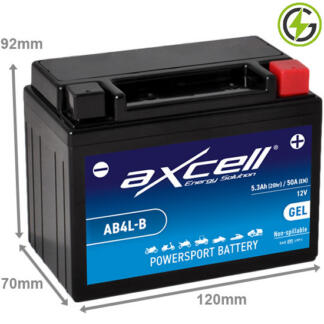 Axcell AB4L-B GEL Factory Activated Motorcycle Battery 12V 5.3Ah 50 cold cranking amps. Black case with the positive terminal on the right hand side with the terminals closest to you.