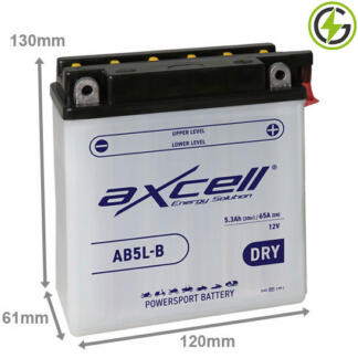 Axcell AB5L-B Motorcycle Battery 12V 5.3Ah 65 cold cranking amps. Opaque case with black lid and the positive terminal is on the right hand side with the terminals closest to you.